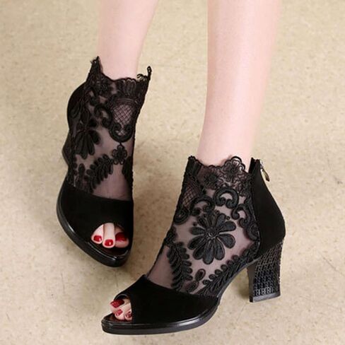 Lace Peep Toe Heels for Women Mesh Sandals Boots Party Dress Shoes in Kuwait