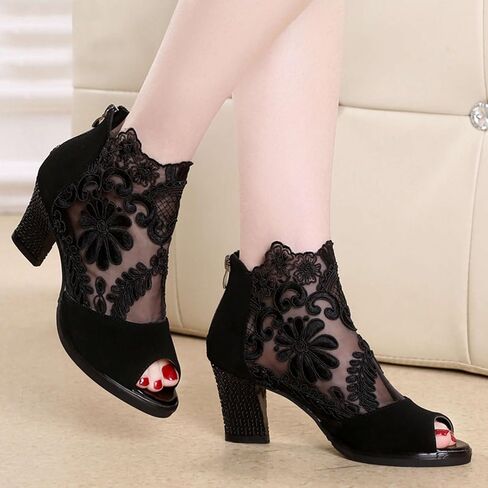 Lace Peep Toe Heels for Women Mesh Sandals Boots Party Dress Shoes in Kuwait