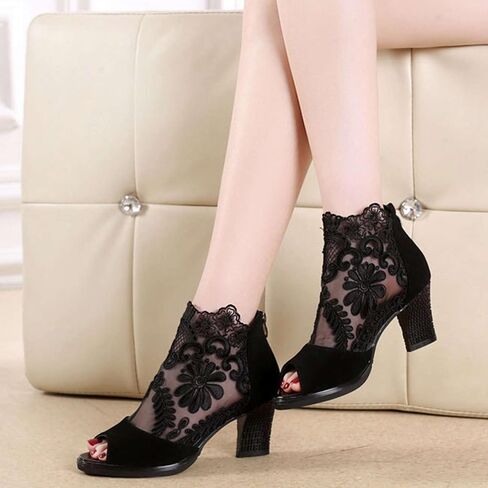 Lace Peep Toe Heels for Women Mesh Sandals Boots Party Dress Shoes in Kuwait