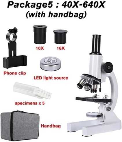 إكسسوارات المجهر Kit Zoom 640x 1280x 2000x HD المجهر البيولوجي Monocular Teaching Laboratory W/LED حامل الهاتف المجهر العدسة الإلكترونية (اللون: Package8) in Kuwait