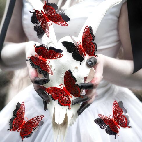 Halloween Butterfly Wall Stickers - 12 Pcs 3D Butterflies Wall Decoration Skull Rose Designs Holiday Decor for Party Home Office Shop Decorations Supplies in Saudi Arabia