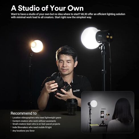 Godox ML30 LED Video Light ، 37.6W 5600K درجة حرارة اللون ، CRI 96+ TLCI 97+ ، 8590LUX@1M مع عاكس ، 4 تأثيرات FX ، الوضع الصامت ، APP اللاسلكي ، ضوء LED مع 2x NP-F970 LITHIUM BATTERY in Saudi Arabia