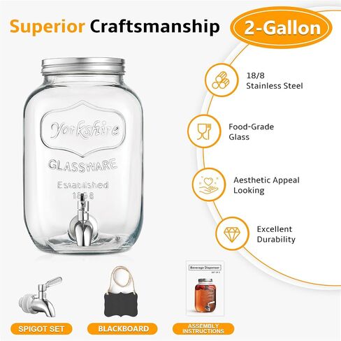 2 Gallon Glass Beverage Dispenser with Stand and Lid, 18/8 Stainless Steel Spigot - Glass Drink Dispensers for Parties - Mason Jar Drink Dispensers with Lids in Saudi Arabia