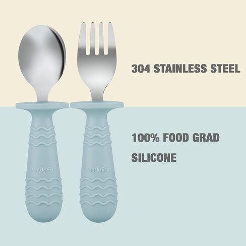 PandaEar 6 Pieces Baby Toddler Silicone Stainless Steel Utensils Silverware Spoon Fork for Baby Toddler BPA Free with Silicone Holding Anti-Choke Design in Kuwait