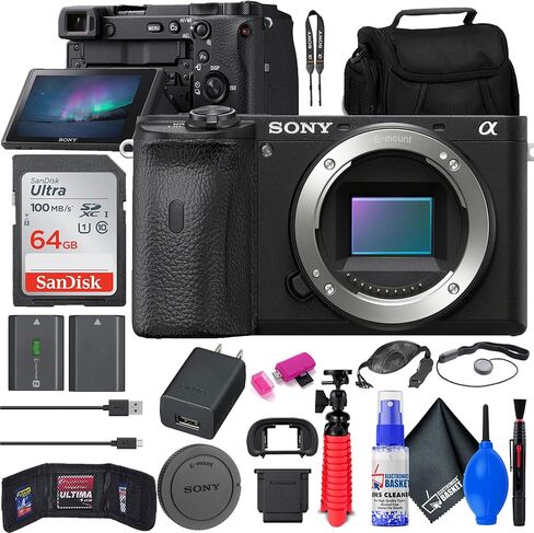 كاميرا Sony A6600 Mirrorless (ILCE6600/B) + بطارية متوافقة مع NP-FZ100 + 64 جيجابايت + قارئ بطاقة + Corel Photo Software + HDMI Cable + CASE + Flex Tripod + More (متجدد) in Saudi Arabia