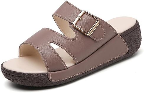 Women's Summer Slip On Sandals with Thick Cushioned Sole - Soft PU Cover Upper & Non-Slip Durable Outsole, Open-Toe Mid-Heel Comfort for Home, Office, Trave in Kuwait