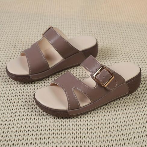 Women's Summer Slip On Sandals with Thick Cushioned Sole - Soft PU Cover Upper & Non-Slip Durable Outsole, Open-Toe Mid-Heel Comfort for Home, Office, Trave in Kuwait