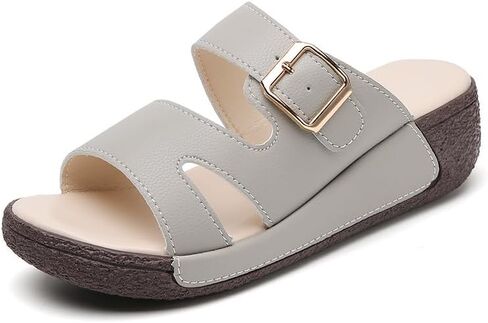 Women's Summer Slip On Sandals with Thick Cushioned Sole - Soft PU Cover Upper & Non-Slip Durable Outsole, Open-Toe Mid-Heel Comfort for Home, Office, Trave in Kuwait