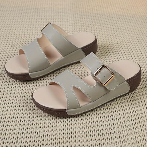 Women's Summer Slip On Sandals with Thick Cushioned Sole - Soft PU Cover Upper & Non-Slip Durable Outsole, Open-Toe Mid-Heel Comfort for Home, Office, Trave in Kuwait