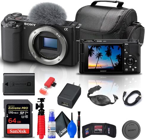 Sony ZV-E10 Mirrorless Camera (Body, Black) (ILCZV-E10/B) + 64GB Memory Card + Bag + Card Reader + HDMI Cable + Flex Tripod + Hand Strap + Memory Wallet + Cleaning Set (Renewed) in Saudi Arabia