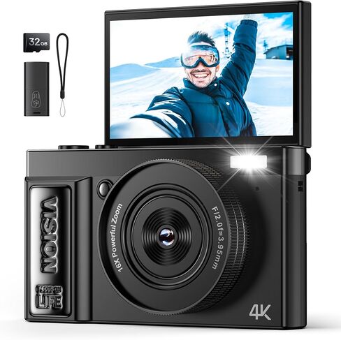 Digital Camera 4K for Photography - 64MP Cameras for Video - 180°Flip Screen Compact Cámara - 16X Zoom Photo Camera Gifts for Teens Ages 8-18 - Point and Shoot Digital Cameras for YouTube Vlogging in Saudi Arabia