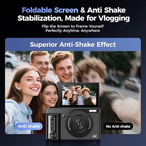 Digital Camera 4K for Photography - 64MP Cameras for Video - 180°Flip Screen Compact Cámara - 16X Zoom Photo Camera Gifts for Teens Ages 8-18 - Point and Shoot Digital Cameras for YouTube Vlogging in Saudi Arabia