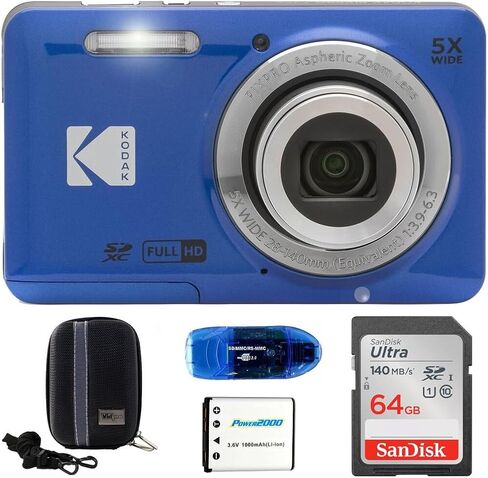 تشمل حزمة الكاميرا الرقمية Kodak Pixpro FZ55: بطاقة ذاكرة Sandisk 64GB SDXC وحالة كاميرا شل الصلبة وقارئ بطاقة SD والمزيد (5 عناصر) (أزرق) in Kuwait