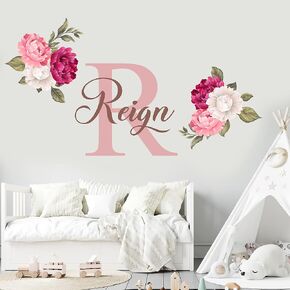 Name and Initial Peonies Wall Decal - Kids Wall Decor - WM131. Custom Name Removable Nursery Sticker for Girl - Flower Mural Decor for Girls Bedroom in Saudi Arabia