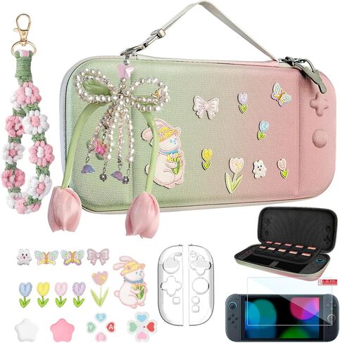 Cute Travel Carrying Case for Switch 2 2025 with Silicone j-con Covers, Thumb Grip Caps, Screen Protector, Flower Strap, Charms and Embroidery stickers for Girls Women, Pink Green in Saudi Arabia