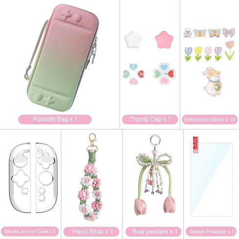 Cute Travel Carrying Case for Switch 2 2025 with Silicone j-con Covers, Thumb Grip Caps, Screen Protector, Flower Strap, Charms and Embroidery stickers for Girls Women, Pink Green in Saudi Arabia