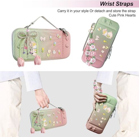 Cute Travel Carrying Case for Switch 2 2025 with Silicone j-con Covers, Thumb Grip Caps, Screen Protector, Flower Strap, Charms and Embroidery stickers for Girls Women, Pink Green in Saudi Arabia