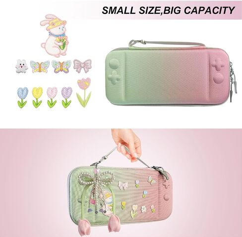 Cute Travel Carrying Case for Switch 2 2025 with Silicone j-con Covers, Thumb Grip Caps, Screen Protector, Flower Strap, Charms and Embroidery stickers for Girls Women, Pink Green in Saudi Arabia