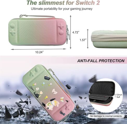 Cute Travel Carrying Case for Switch 2 2025 with Silicone j-con Covers, Thumb Grip Caps, Screen Protector, Flower Strap, Charms and Embroidery stickers for Girls Women, Pink Green in Saudi Arabia