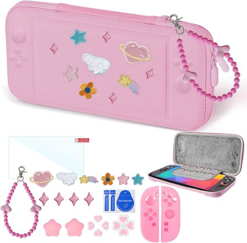 Cute Travel Carrying Case for Switch 2 2025 with Silicone j-con Covers, Thumb Grip Caps, Screen Protector, Flower Strap, Charms and Embroidery stickers for Girls Women, Pink Green in Saudi Arabia