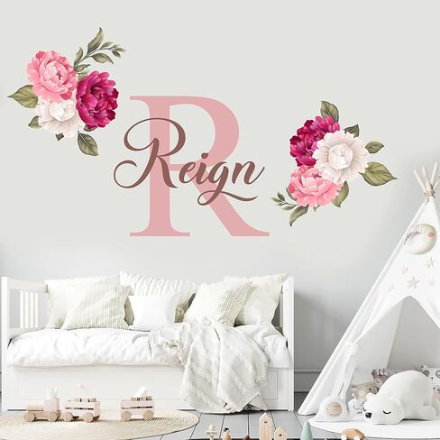 Name and Initial Peonies Wall Decal - Kids Wall Decor - WM131. Custom Name Removable Nursery Sticker for Girl - Flower Mural Decor for Girls Bedroom in Saudi Arabia