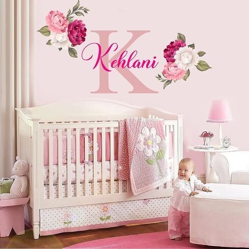 Name and Initial Peonies Wall Decal - Kids Wall Decor - WM131. Custom Name Removable Nursery Sticker for Girl - Flower Mural Decor for Girls Bedroom in Saudi Arabia