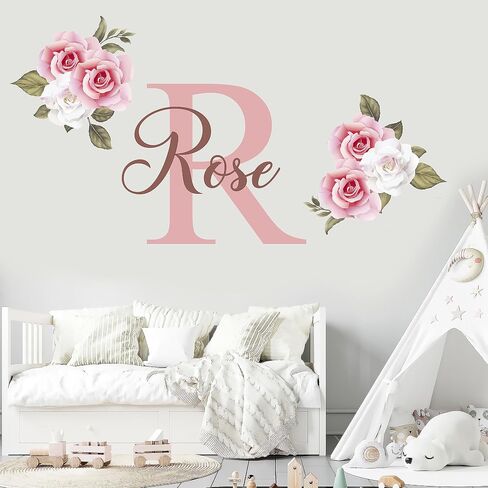 Name and Initial Peonies Wall Decal - Kids Wall Decor - WM131. Custom Name Removable Nursery Sticker for Girl - Flower Mural Decor for Girls Bedroom in Saudi Arabia