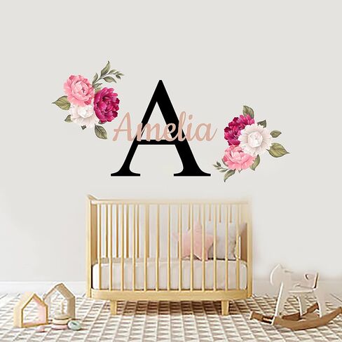 Name and Initial Peonies Wall Decal - Kids Wall Decor - WM131. Custom Name Removable Nursery Sticker for Girl - Flower Mural Decor for Girls Bedroom in Saudi Arabia