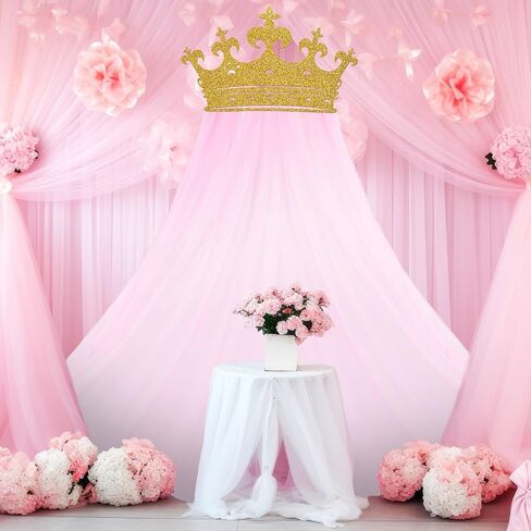 2pcs Princess Party Pink Tulle الخلفية ، زخارف الستار ، مجموعة Glitter Crown كبيرة الحجم 5 × 8 قدم خلفية شاش وردية اللون لأميرة أعياد ميلاد الأمهات عيد الزفاف دش الأطفال in Saudi Arabia