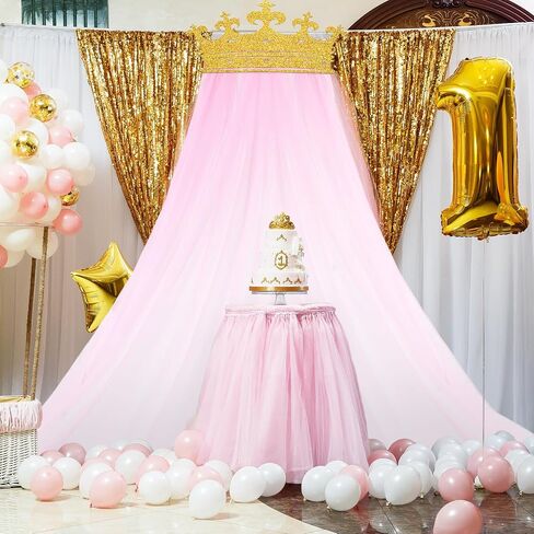 2pcs Princess Party Pink Tulle الخلفية ، زخارف الستار ، مجموعة Glitter Crown كبيرة الحجم 5 × 8 قدم خلفية شاش وردية اللون لأميرة أعياد ميلاد الأمهات عيد الزفاف دش الأطفال in Saudi Arabia