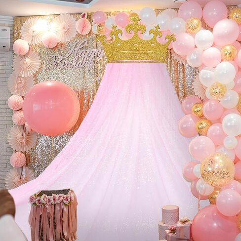 2pcs Princess Party Pink Tulle الخلفية ، زخارف الستار ، مجموعة Glitter Crown كبيرة الحجم 5 × 8 قدم خلفية شاش وردية اللون لأميرة أعياد ميلاد الأمهات عيد الزفاف دش الأطفال in Saudi Arabia