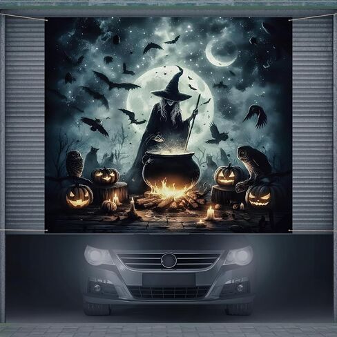 Preboun 7 x 8 ft Halloween Garage Door Cover Decorations Witch Backdrop in Kuwait