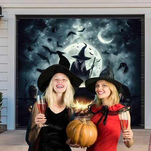 Preboun 7 x 8 ft Halloween Garage Door Cover Decorations Witch Backdrop in Kuwait