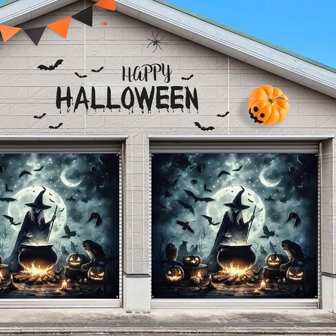 Preboun 7 x 8 ft Halloween Garage Door Cover Decorations Witch Backdrop in Kuwait