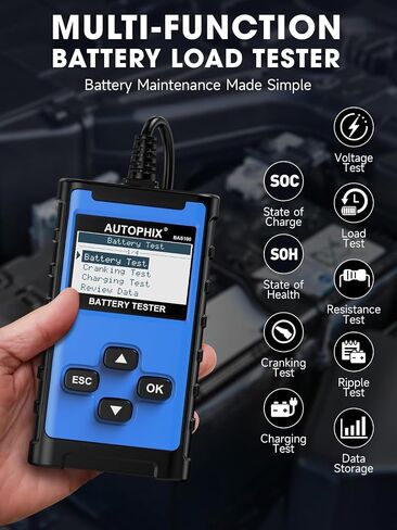 جهاز اختبار بطارية السيارة 12 فولت 24 فولت AUTOPHIX BAS100[الأسهل في القراءة] جهاز اختبار حمل بطارية السيارة 100-2000 CCA، نظام الشحن، جهاز اختبار المولد، محلل بطارية للسيارة، الشاحنة، الدراجة النارية، SUV ATV، القارب in Kuwait