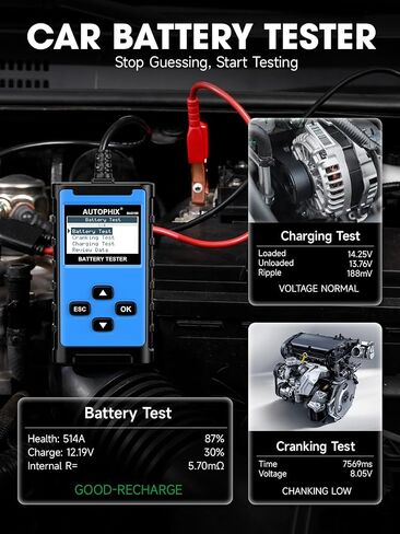 جهاز اختبار بطارية السيارة 12 فولت 24 فولت AUTOPHIX BAS100[الأسهل في القراءة] جهاز اختبار حمل بطارية السيارة 100-2000 CCA، نظام الشحن، جهاز اختبار المولد، محلل بطارية للسيارة، الشاحنة، الدراجة النارية، SUV ATV، القارب in Kuwait