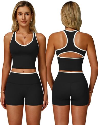 Women 2 Piece Workout Sets Racerback Color Block Tank Top High Waist Tummy Control Shorts Yoga Outfits in Saudi Arabia
