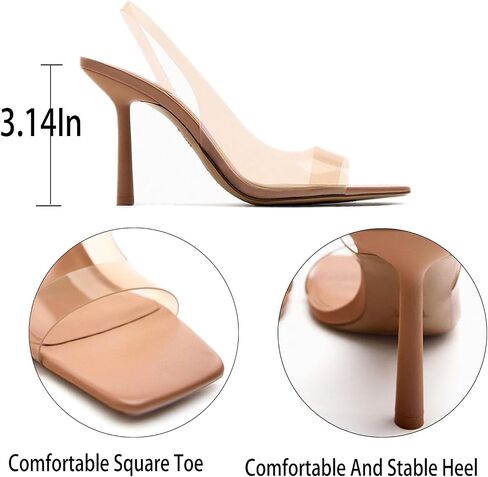 Women'S Clear Square Open Toe Stiletto Slingback Sandals Sexy Transparent Strappy Ankle Straps Comfortable Heel Sandals Wedding Party Dress Pumps Shoes in Saudi Arabia