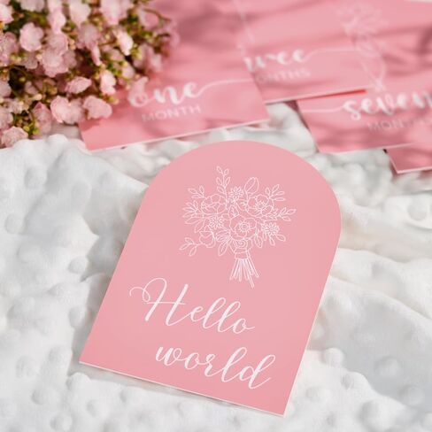 Pink Baby Monthly Monterson - Arch Double Printed Acrylic Milestone Cards for Baby Abort of Newborn Boy & Girl ، Hello World Sign Baby Year Photo Props in Kuwait