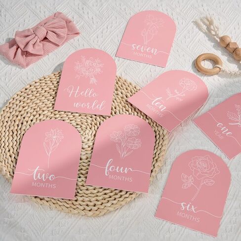 Pink Baby Monthly Monterson - Arch Double Printed Acrylic Milestone Cards for Baby Abort of Newborn Boy & Girl ، Hello World Sign Baby Year Photo Props in Kuwait