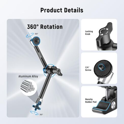 NEEWER 9.8"/25cm Magic Arm with Super Clamp & Cleaning Cloth, 1/4" & 3/8" Threads for Flash/LED Light/Microphone/DSLR Camera Monitor Compatible with SmallRig Camera Cage, Max Load: 4.4lb/2kg, ST25C in Saudi Arabia