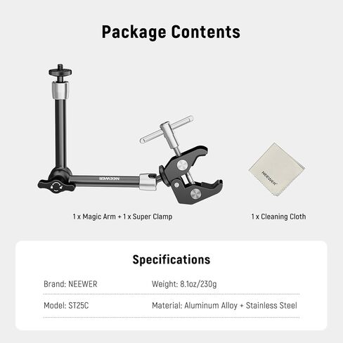 NEEWER 9.8"/25cm Magic Arm with Super Clamp & Cleaning Cloth, 1/4" & 3/8" Threads for Flash/LED Light/Microphone/DSLR Camera Monitor Compatible with SmallRig Camera Cage, Max Load: 4.4lb/2kg, ST25C in Saudi Arabia
