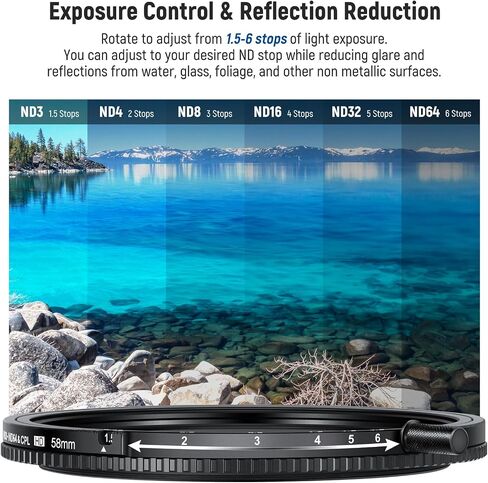 Neewer 58mm Colors True Colors متغير ND و CPL مع مضرب ، ND3-64 (1.5-6 توقف) ، 2 في 1 الكثافة المحايدة محدودة ومرشح CPL ، إطار الزجاج البصري/الألومنيوم متعدد المغلفة متعدد المغلفة in Kuwait