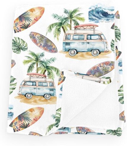 Vintage Summer Beach Surfing Tropical Leaves Baby Blanket Girl Boy Retro Surfboard Bus Sea Waves Flannel Blanket Holiday Fluffy Blanket for Baby Breathable Newborn Toddler Kid Crib Bedding in Saudi Arabia