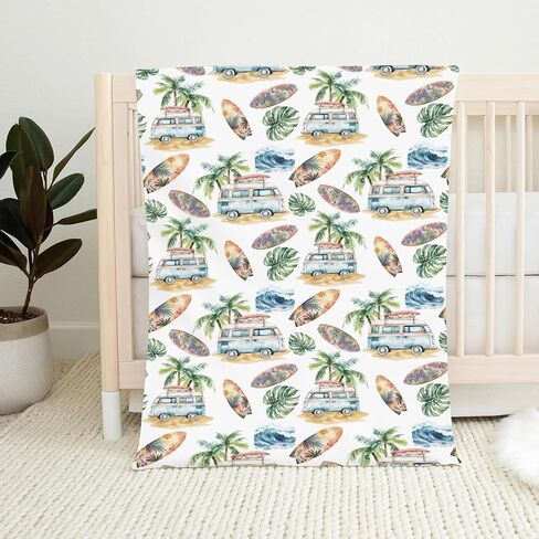 Vintage Summer Beach Surfing Tropical Leaves Baby Blanket Girl Boy Retro Surfboard Bus Sea Waves Flannel Blanket Holiday Fluffy Blanket for Baby Breathable Newborn Toddler Kid Crib Bedding in Saudi Arabia