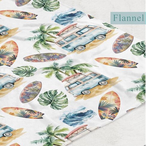 Vintage Summer Beach Surfing Tropical Leaves Baby Blanket Girl Boy Retro Surfboard Bus Sea Waves Flannel Blanket Holiday Fluffy Blanket for Baby Breathable Newborn Toddler Kid Crib Bedding in Saudi Arabia