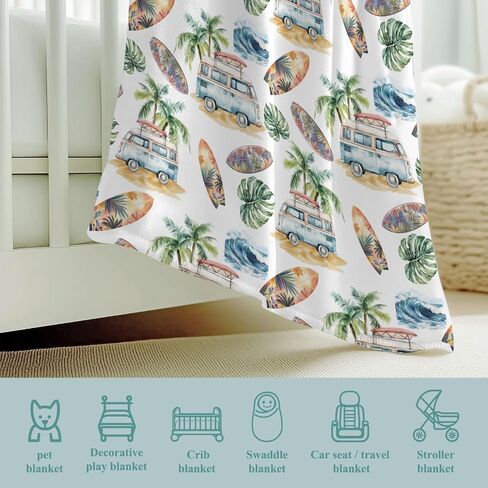 Vintage Summer Beach Surfing Tropical Leaves Baby Blanket Girl Boy Retro Surfboard Bus Sea Waves Flannel Blanket Holiday Fluffy Blanket for Baby Breathable Newborn Toddler Kid Crib Bedding in Saudi Arabia