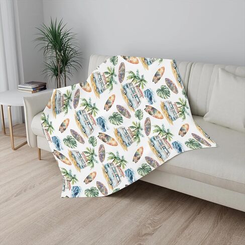 Vintage Summer Beach Surfing Tropical Leaves Baby Blanket Girl Boy Retro Surfboard Bus Sea Waves Flannel Blanket Holiday Fluffy Blanket for Baby Breathable Newborn Toddler Kid Crib Bedding in Saudi Arabia