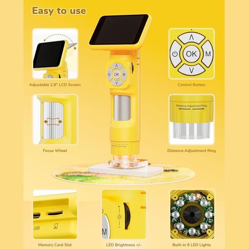 المجهر الرقمي المحمول باليد Zunate ، مجموعة مجهر جيب محمولة 2.8 بوصة ، 100x إلى 1000X HD Pocket Mini Mini Microscope كاميرا مع 8 مصابيح LED قابلة للتعديل للأطفال in Kuwait
