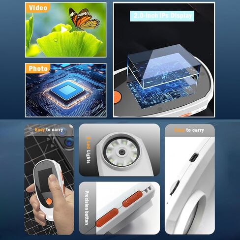 المجهر الرقمي المحمول ، تركيز الجيوب الثابتة 500x مكونة زجاج مع شاشة ملونة 2.0 بوصة و 8 مصابيح LED قابلة للتعديل ، USB متوافقة مع الكمبيوتر الشخصي و OS (أبيض) (أبيض) in Kuwait